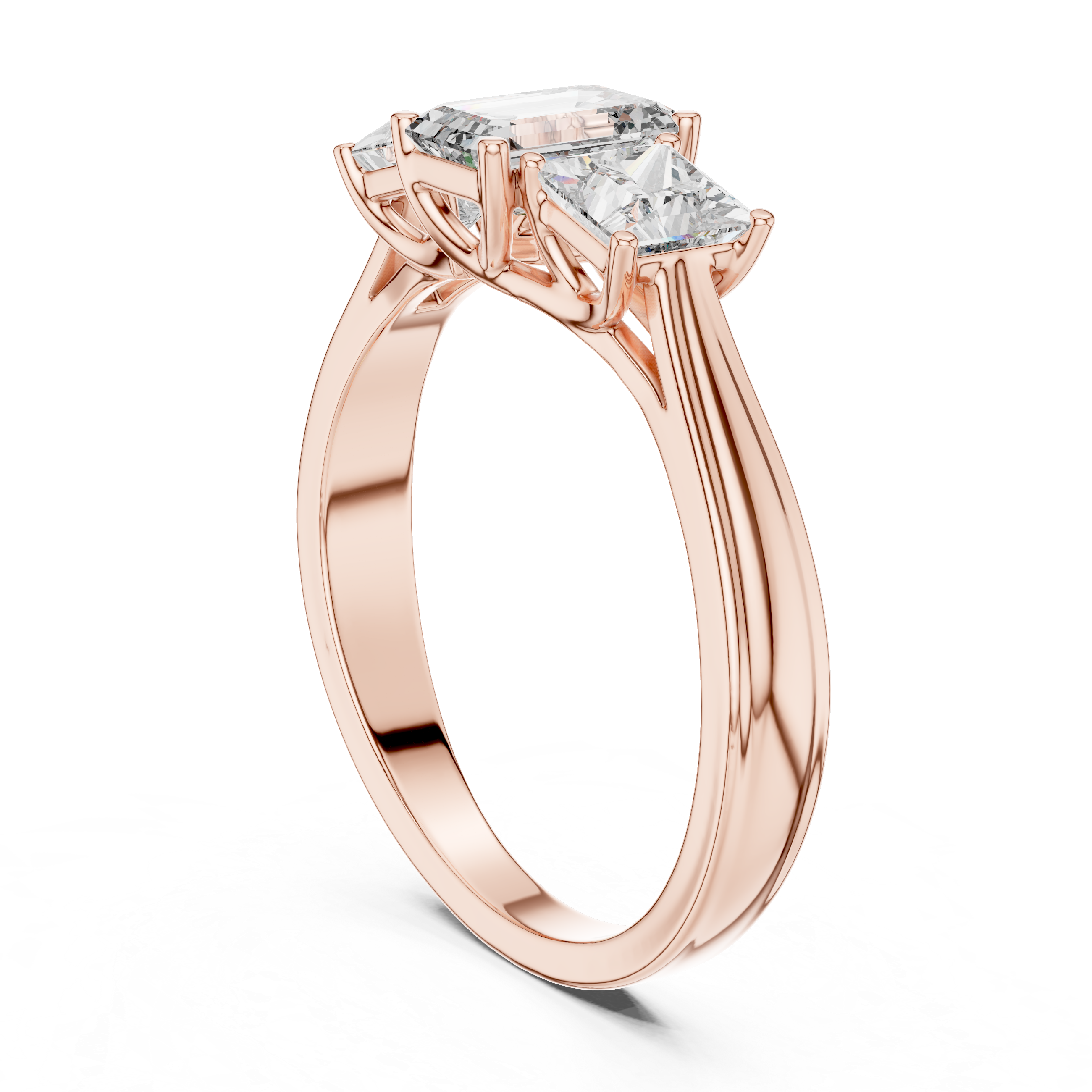 Rose gold ring with three diamond stones on a white background